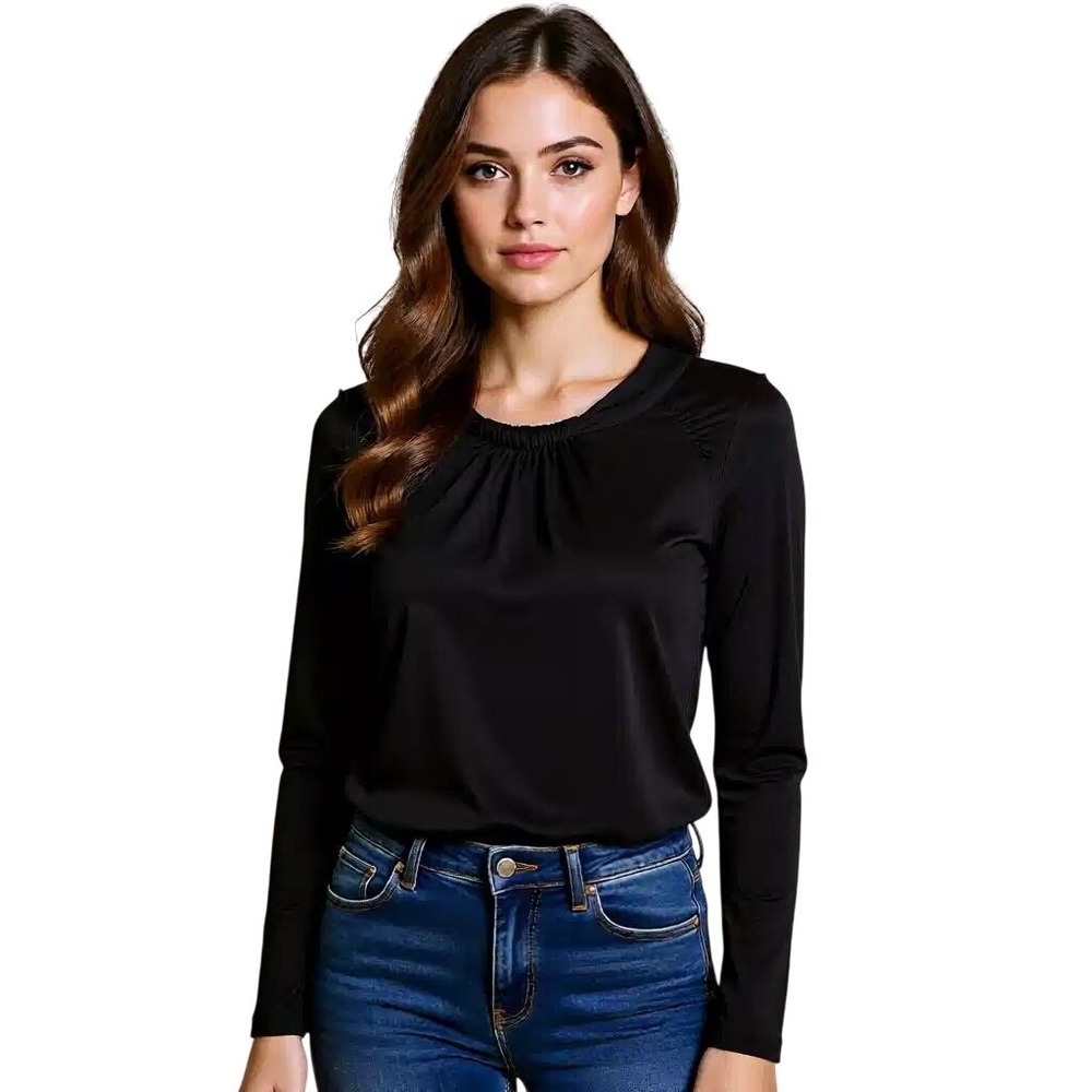 Kenneth Cole New York Black Gathered Neck Long Sleeve Blouse Top‎ Women's Lg NWT